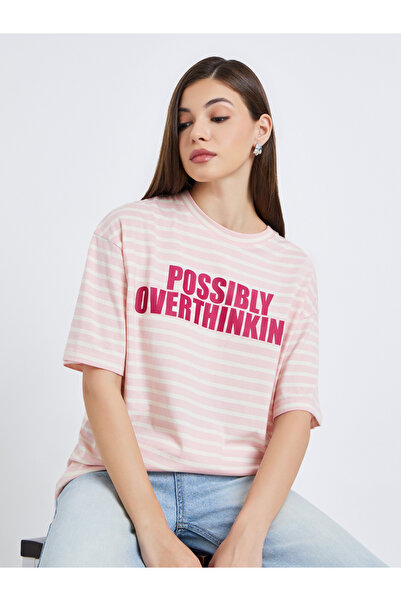 Styli Women Pink Striped Oversized T-Shirt