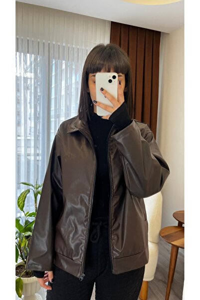 ALVESA Kadın Oversize Basic Kahverengi Deri Ceket