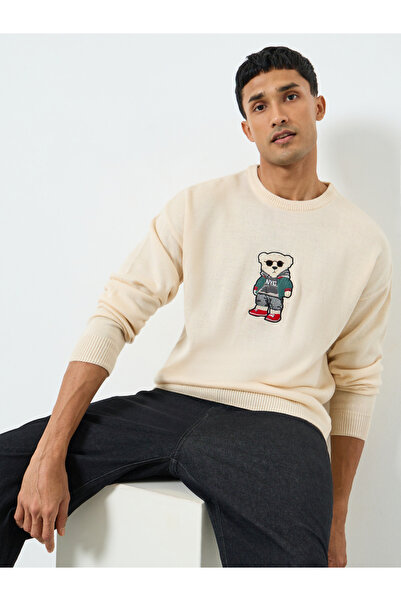 Styli Men Cream Embroidered Teddy Relaxed Sweater