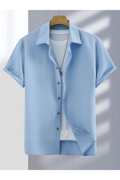 Take Two By Styli Men Light Blue Textured Short Sleeve Shirt
