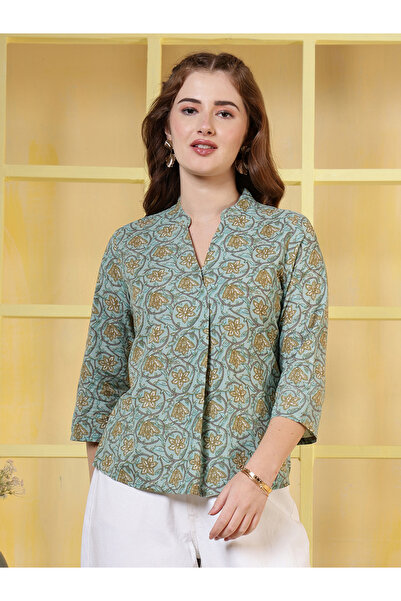 RUE COLLECTION By Styli Women Green Geometric Print Cotton Top