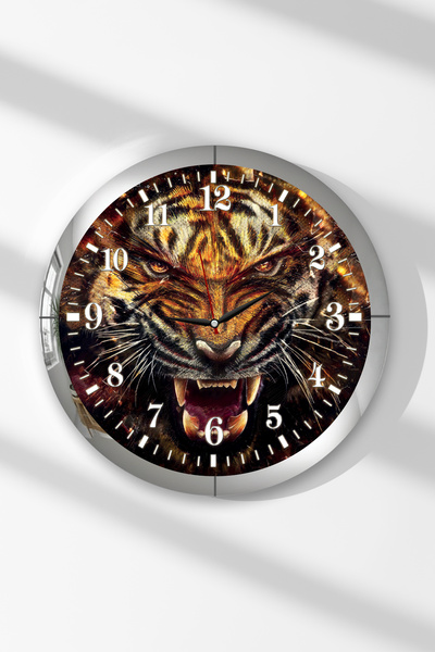 Zevahir Mobilya Dekorasyon Silver Framed Tiger Themed Round Mdf Wall Clock