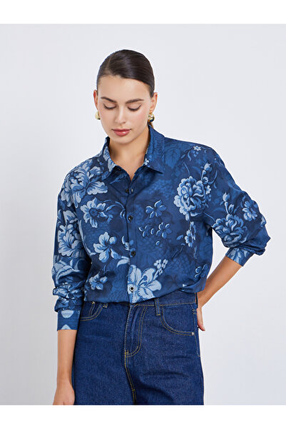 Styli Women Navy Floral Long Sleeve Shirt