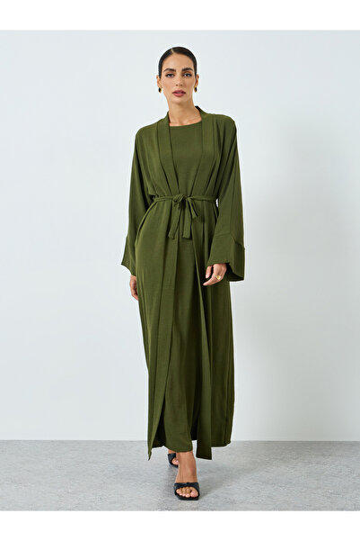 Take Two By Styli Women Solid Long Sleeve Abaya and Dress Modest Set