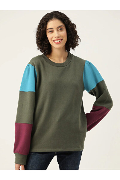 RUE COLLECTION By Styli سويت شيرت صوف نسائي ألوان متباينة الزيتوني