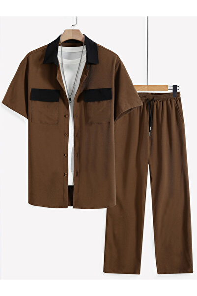 Take Two By Styli Men Brown Contrast Collar Shirt and Trousers Co-Ords