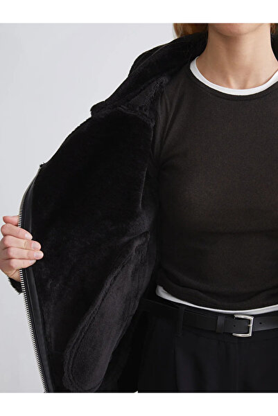 LC Waikiki Plush Biker Collar Women's Leather-Look Coat