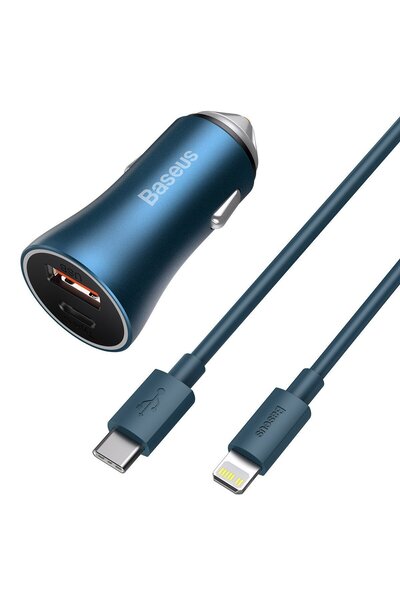 Baseus Golden Car Charger, Dual Port 40W, Quick Charge, Blue