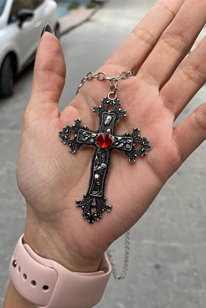 harmony factory Silver Misa Haç Kırmızı Taş Detaylı Kolye