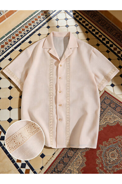 Take Two By Styli Men Beige Linen Look Shirt with Lace Detail