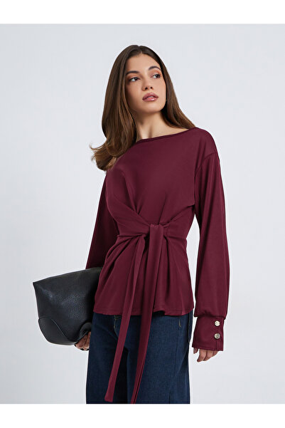 Styli Women Burgundy Long Sleeve Wrap Top