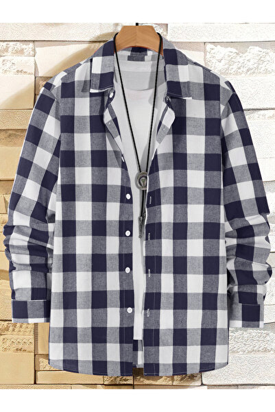 Take Two By Styli Men Navy Blue Checked Long Sleeve Shirt