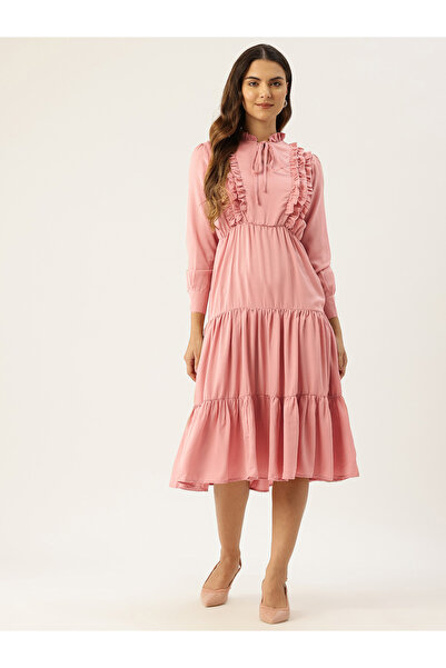 RUE COLLECTION By Styli Women Pink Tie-Up Neck Tiered Midi Dress