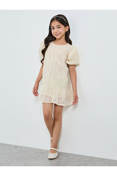 Styli فستان قصير للبنات بلون أبيض كريمي مزين بالترتر بتصميم A-Line