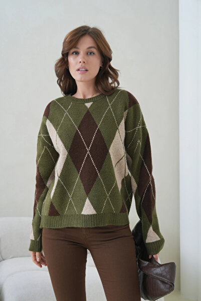 CARLA MARA Women's Crew Neck Diamond Patterned Knitwear Sweater