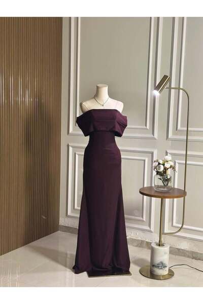 vanus fashion 6741-فستان عودي سادة بتصميم أوف شولدر