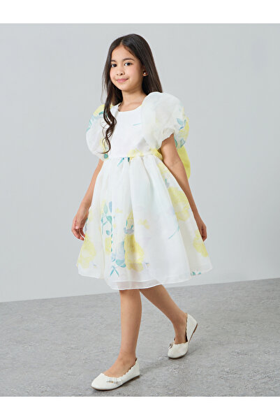 Take Two By Styli Girls Yellow Floral Print Puff Sleeve Dress