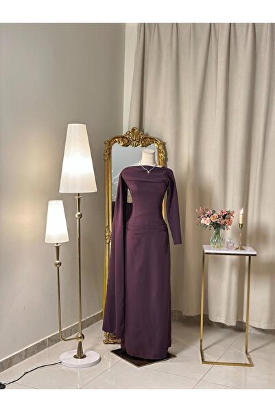 vanus fashion 6396-فستان أنيق بلون موفي مع شال طويل
