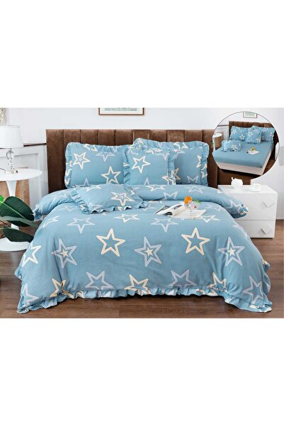 trendyhome Elastic Bed Linen, Cotton Finet, Ruffles, 6 Pieces, Stars, Blue