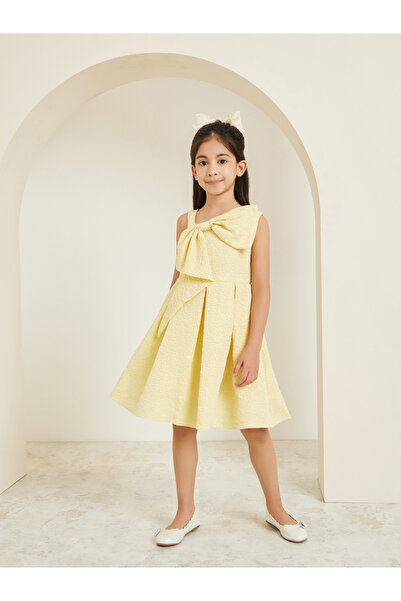Styli Girl Yellow Sleeveless Jaquard Dress with Bow Detail