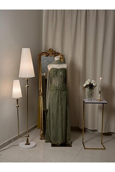 vanus fashion 6442-فستان سهرة زيتوني بترتر لامع ولمسة فاخرة