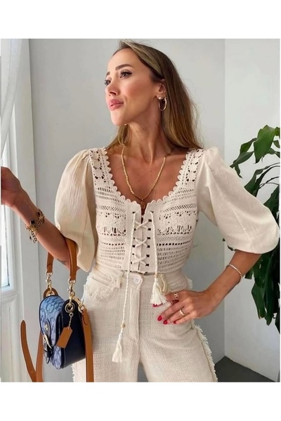 Sosyete Kaplumbağa Süzene Knitted Knitwear Lace-Up Balloon Sleeve Blouse