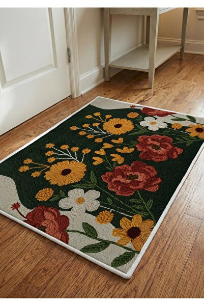 Artvibe Punch Embroidery Patterned Digital Printed Green Beige Autumn Themed ...