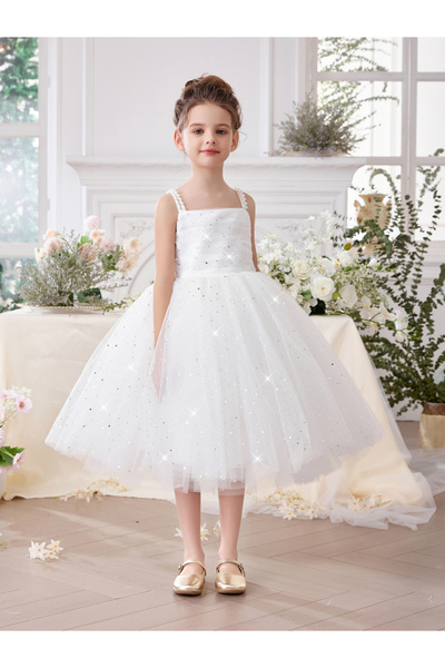 Take Two By Styli Girls White Embellished Strappy Mesh Midi Dress