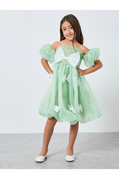 Take Two By Styli Girls Green Puff Sleeve Bow Detail Dress