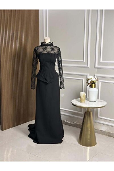 vanus fashion 6745-فستان أسود فاخر بتصميم كورسيه