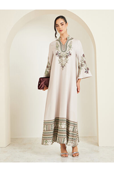 Styli Women Beige Embellished A-Line Maxi Jalabiya