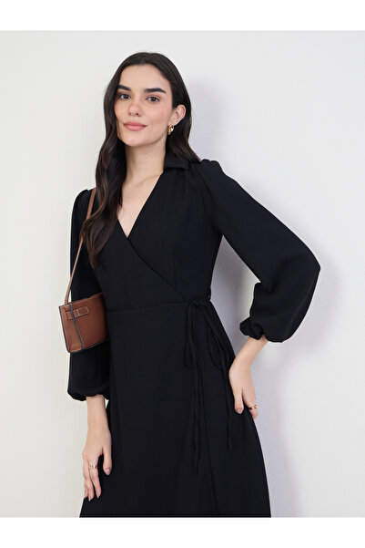 Styli Women Black Balloon Sleeve Wrap Midi Dress