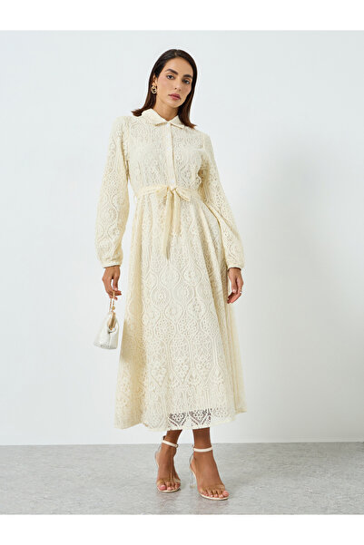 Take Two By Styli Women Beige Lace Polo Neck Maxi Dress