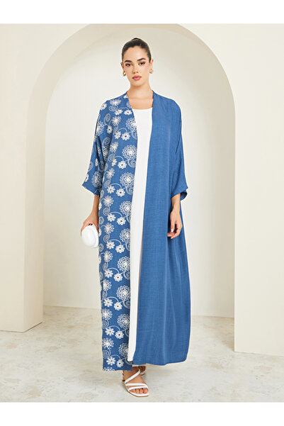 Styli Women Blue Embroidered Batwing Sleeve Abaya