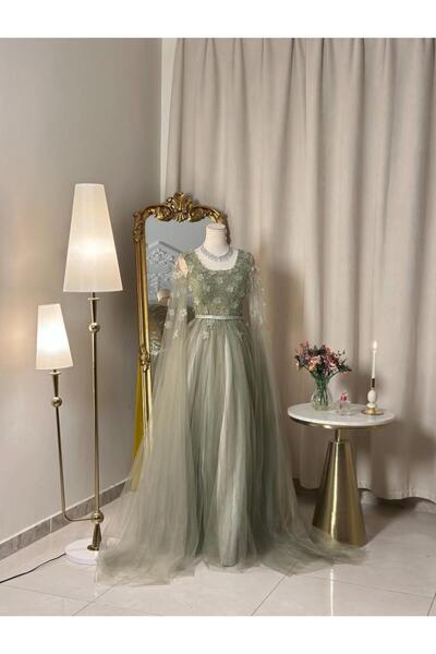 vanus fashion 6468-فستان سهرة أخضر فاتح بلمسة ملكية