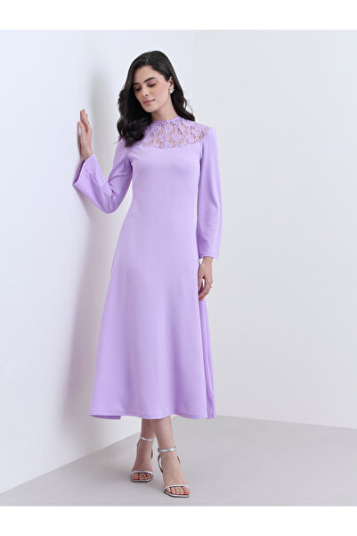 Styli Women Purple Lace Detail Long Sleeves Midi Dress