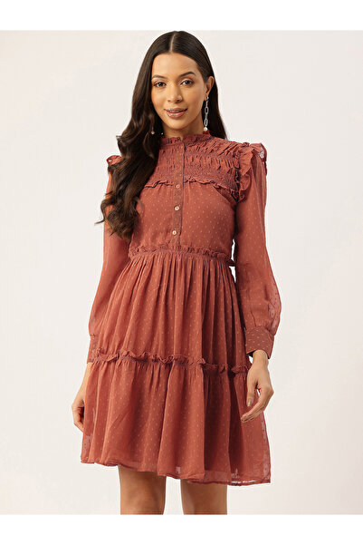 RUE COLLECTION By Styli Women Rust Ruffled Chiffon Ruffled Detail Mini Dress