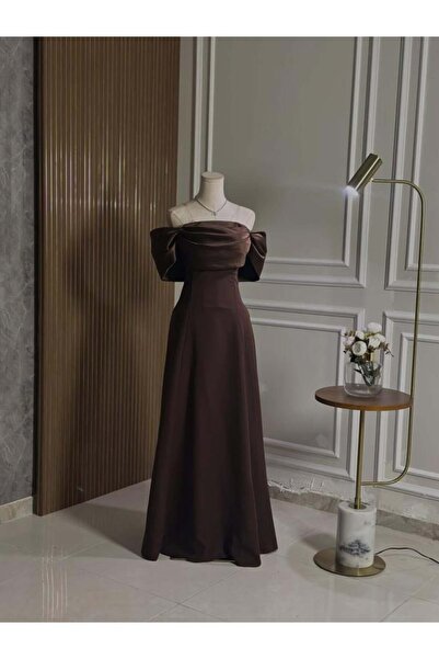 vanus fashion 6738-Brown satin off-shoulder dress with a luxurious touch on t...