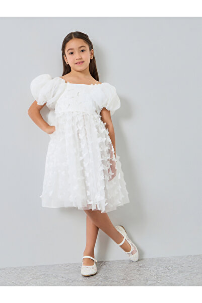 Take Two By Styli فستان أبيض للبنات من الأورجانزا بأكمام منفوخة وتفاصيل فراشة