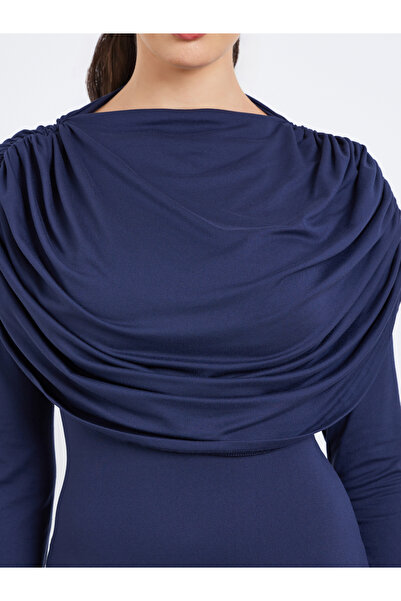 Styli فستان ماكسي ضيق مزين بتفاصيل شال أزرق للنساء