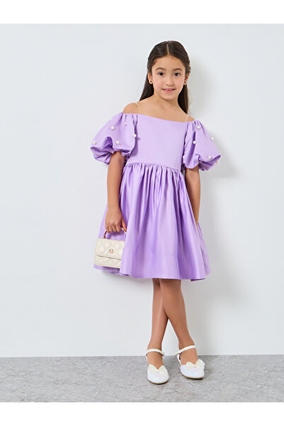 Take Two By Styli Girls Purple Satin Puff Sleeve Faux Pearls Detail Dress