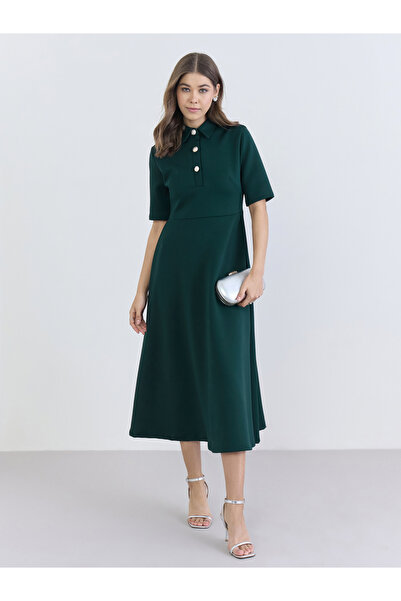 Styli Women Green Buttoned A-Line Midi Dress