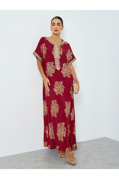 Take Two By Styli Women Tree Printed Golden Trim Patch Jalabiya