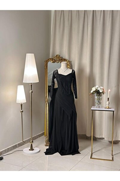 vanus fashion 6407-فستان دانتيل أسود أنيق بأكمام طويلة وتصميم ملكي