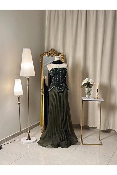 vanus fashion 6412-فستان سهرة أنيق بلون زيتي ساحر ولمسة فخامة