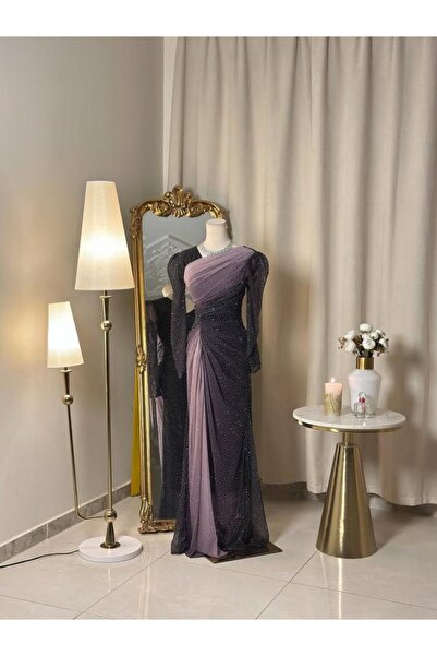 vanus fashion 6472-فستان سهرة أوف شولدر بتدرج بنفسجي وأسود