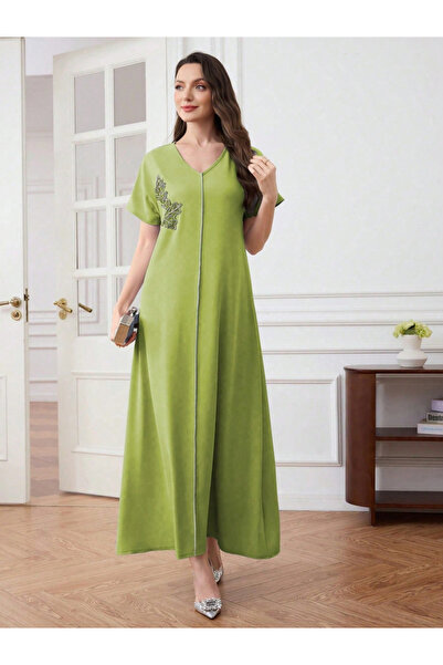 Take Two By Styli Women Leaf Patch Detail V Neck Maxi Dress