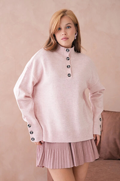 CARLA MARA Women's Mock Neck Sleeves Button Detailed Soft Textured Fleece-Lin...