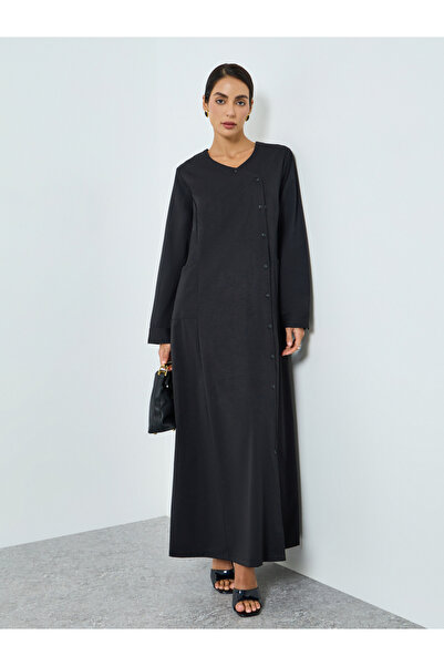 Take Two By Styli Women Black Button Front Long Sleeve Jalabiya