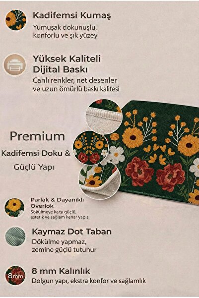 Artvibe Punch Nakış Desenli Dijital Baskılı Yeşil Bej Sonbahar Temalı Kapı Önü Paspası